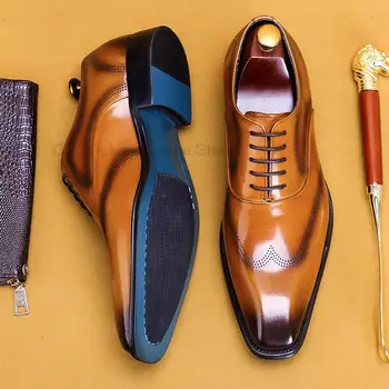 איטליה כנף-טיפ Brogue בסגנון אוקספורד Mens שמלת נעלי עסקי עור אמיתי שחור חום תחרה חתונה רשמית נעליים לגברים