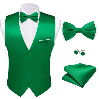 אפוד לגברים עניבת הפרפר להגדיר משי ירוק מוצק רגיל צוואר V מסיבת חתונה רשמית הז 'קט הגברי ללא שרוולים ז' קט ברי וונג
