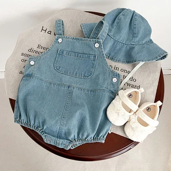 בייבי בנים בנות רומפר הקיץ החדש מוצק צבע שרוולים התינוק האוברול ג ' ינס כיס בגד גוף תינוק תינוק ילד קאובוי רומפר +כובע
