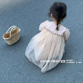 בנות מזדמן שמלות בסגנון קוריאני בגדי ילדים קיץ פאף שרוול תחרה התינוק צוואר עגול נסיכת חצאית Soild