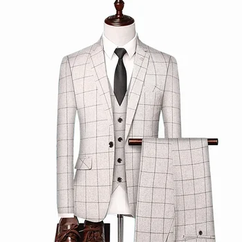 בסגנון בריטי גברים במשבצות האפוד בלייזר המכנסיים 3 חתיכות להגדיר / זכר אופנה באיכות גבוהה רזה סעודת החתונה חליפת העסקים מעיל