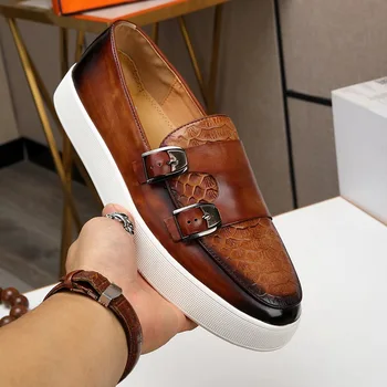 הבריטי סגנון Mens כפול אבזם נזיר נעלי שמלה נעלי עור אמיתי תנין דפוס למשרד לעסק רשמי נעלי גברים