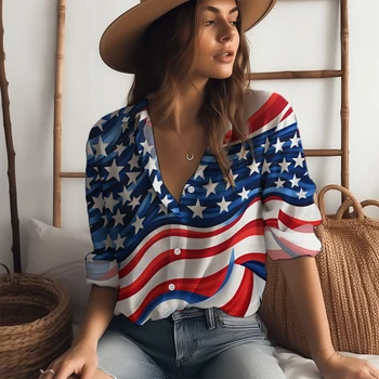 הדגל האמריקני 3D מודפס חולצת האביב והסתיו קלאסית שרוול ארוך חולצה של נשים אופנת רחוב חולצה רגילה כפתור החולצה.