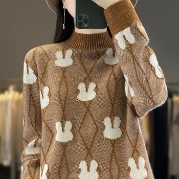 הסתיו והחורף מגמת אופנה צבעוניים ארנב דפוס חצי גבוהה צוואר מעובה חופשי תכליתי של נשים מערביות לסרוג סוודר