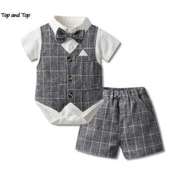 העליון העליון הקיץ בייבי בנים ' נטלמן לבוש סטים תינוקות שרוול קצר עניבת הפרפר רומפר חולצות חולצות+חצאית אפוד+מכנסיים קצרים 3PCS מתאים