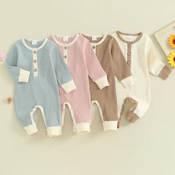 התינוק אוברול שרוול ארוך צוואר צוות כפתור סגירה טלאים ליפול רומפר בגדים עבור בנים בנות