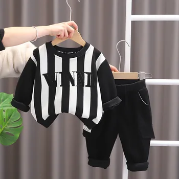 התינוק בגדים יוקרתיים 2024 האביב קוריאני סגנון אנכי מכתב צוואר עגול עם שרוולים ארוך קפוצ ' ונים, מכנסיים ילדים בנים תלבושת להגדיר