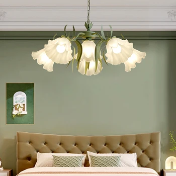 וינטג ' רומנטי פרח לבן תליון זכוכית אורות LED ירוק תלויות מנורות על התקרה עבור סלון עיצוב הבית הברק השינה