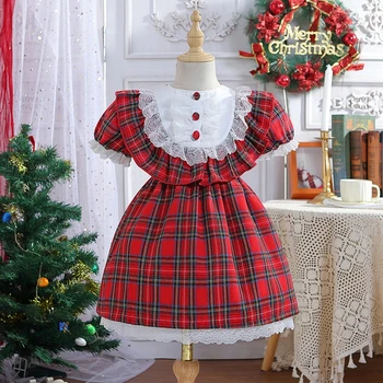 חג המולד אדום משובץ שמלת ילדה שרוול קצר תחרה לקצץ חג המולד שמלות שמלת מסיבת השנה החדשה תחפושת