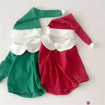 חג המולד בגדי תינוק אדום ירוק מוצק Romper צבע הכובע 2pcs קובע ילד תינוק ילדה פסטיבל חג המולד בגדים לשנה חדשה סרבל 0-18M