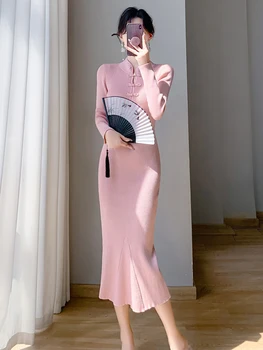 חדש 2024 בסגנון סיני שמלת סוודר עבור נשים סתיו חורף החדשים ורוד שחור ורוד צלעות כותנה ארוך סרגה שמלות נשים