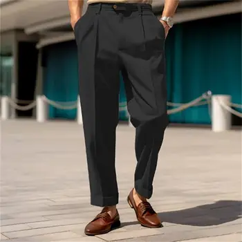 חיזוק כיס התפרים מכנסיים אופנתי של גברים חליפת מכנסיים נוחים אמצע המותן רחבה הרגל לנשימה בד עסקית רשמית