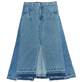 חצאית ג ' ינס עם סלים קו-קו מותן גבוה פרע שולי מול פיצול רטרו, ניגודיות צבע החצאית תיקון