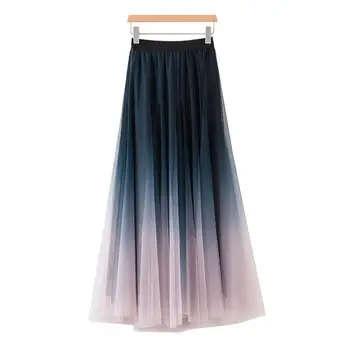 טול מקסי-חצאית מהממת שיפוע קפלים חצאית מקסי עבור נשים אלגנטי טול גבוה מותן רצועת גומי רופף קו-נשים