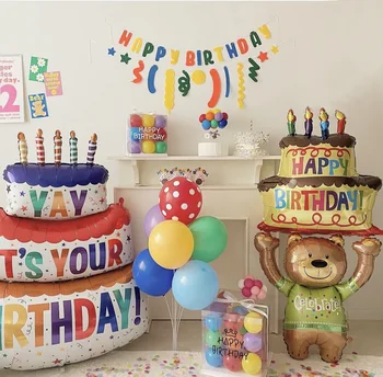 יום הולדת שמח עוגה בלונים צבעוניים נרות שלוש שכבות אלומיניום הסרט בלונים קריקטורה דוב עבור הילדים מסיבת יום הולדת קישוט