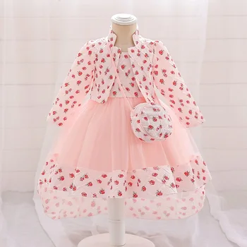 ילדה תינוק שמלת מסיבת יום הולדת פרח הדפסה מעיל+השמלה עם תיק שלוש חתיכת קבוצה שרוול ארוך נגרר שמלת ילדה שמלת נסיכה