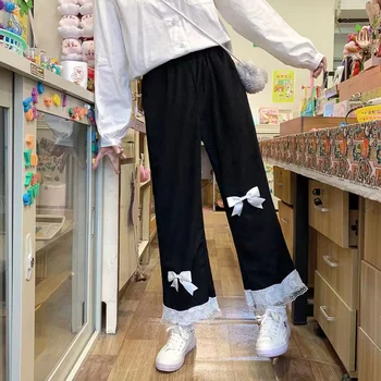 יפנית לוליטה נשים Kawaii גבוהה המותניים מכנסי קורדרוי מתוק קשת תחרה רחב הרגל מכנסיים חדשים נשי Y2k בגדים רופפים חמוד מכנס -