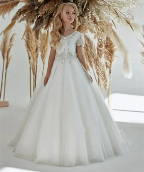 נצנצים לבן פרח ילדה שמלת החתונה אפליקציה פאייטים V-צוואר עם קשת הנסיכה בסעודה חגיגת יום הולדת שמלת מסיבת