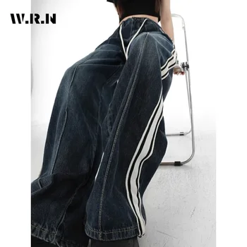 נקבה בציר מזדמנים גבוה מותן גבוהה סגנון רחוב כחול ישר ג 'ינס עם פסים מכנסי נשים רחבים הרגל באגי Y2K מכנסי ג' ינס