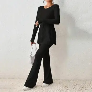 נשי חליפה סט מסוגנן נשים סרוגים שני חלקים החליפה להגדיר עם שרוול ארוך מצולעים העליון גבוהה המותניים התרחבו מכנסיים לסתיו חורף