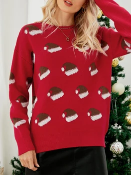 נשים s סנטה סוודר שרוול ארוך חג המולד סוודר סוודר 2023 חג המולד הדפסה Crewneck חולצות מכוערות לסרוג העליון