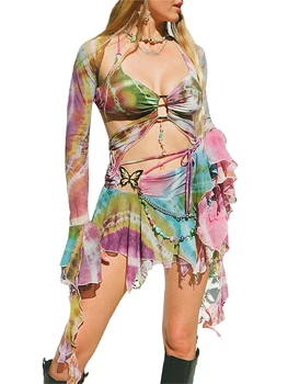 נשים s פרחוני להדפיס את הכתף יבול העליון מקסי-חצאית סט אלגנטי Y2K סגנון התלבושת עם מגע רומנטי