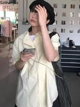 נשים חולצות אופנה פשוטה הקיץ פאף שרוול אלגנטי עיצוב סולידי תלמידים פנאי כל משחק בסגנון יפני נוח מתקפל יומי