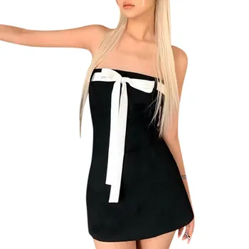 נשים סלים צינור שמלה סקסית Y2k סטרפלס לקשור מוצק צבע שמלת מיני מסיבה במועדון לילה ללא שרוולים שמלה קצרה Clubwear
