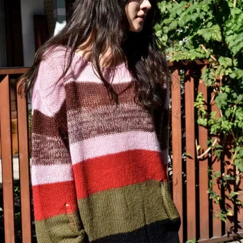 נשים רטרו מיוחד צבע פסים חופשי מזדמן עדין ארוך שרוול סוודר