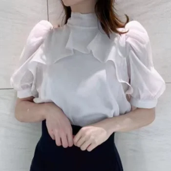 סגנון קוריאני עניבת פרפר מקסימום פאף שרוול אלגנטי משרד ליידי חמוד קפלים מתוקה בסיסי חולצות חולצות נשים מתוק עיצוב בגדים