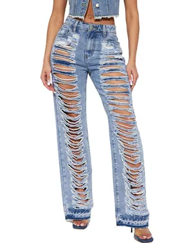 סקסית קרע נור ג 'ינס נשים בלילה Clubwear מסיבה מכנסיים ארוכים תחתיות פעמון גבוהות מותן עם כיסים כחול חור ג' ינס מכנסיים