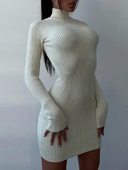 סרוגים שמלה לבנה נשים אלגנטי אופנה גולף Bodycon שמלות Midi נקבה סתיו חורף ארוך שרוול סלים אופנת רחוב השמלה