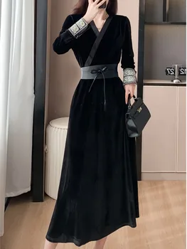 סתיו נשים אופנה וינטג ' קטיפה שחורה שמלה אלגנטית עם שיק קו-ערב, שמלות צד נשי מוצק יום הולדת החלוק בגדים