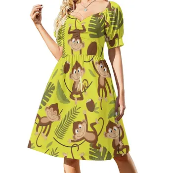 קוף טרופיים, בננה, עצי דקל הלבוש סגנון רחוב שמלות שמלה חמודה הנשים צוואר V גדול גודל Vestidos