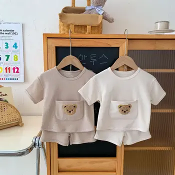 קוריאני טרנדי בייבי סט בגדי תינוקות קיץ שני חלקים סט וופל דוב עליון+מכנסיים לתינוקות בגדי תינוקות להגדיר עבור התינוק Naipe ילדים