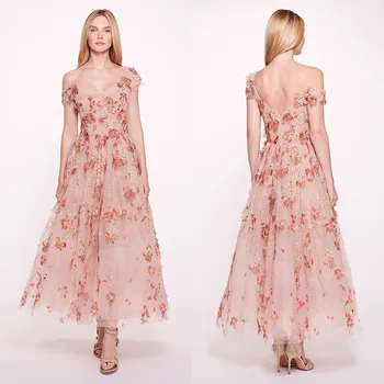 שמלת ערב מתוקה טול בהזמנה אישית פשוטה ייחודי פרחים עגל אמצע אורך שרוולים קצרים חשופת גב.