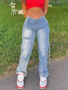 שנות ה-90 קלאסי חופשי ישר היפ להרים את הג ' ינס נשים אלסטיות גבוהה המותניים מזדמנים מכנסיים מתיחה Y2k אמא אופנה כיסי מכנסיים סקסי