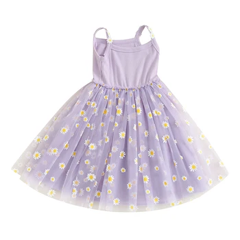 תינוק בייבי בנות שמלה ללא שרוולים רצועת דייזי הדפס רשת קו נסיכת שמלת מסיבת בנות שמלת קיץ
