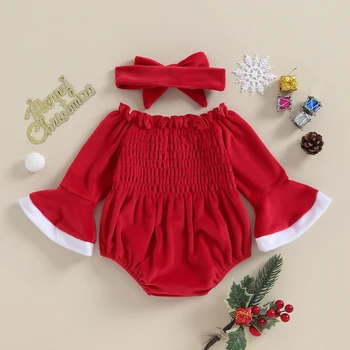 תינוק בייבי בנות תלבושות חג מולד בגדי הגוף Ruched קטיפה רומפר חמוד סט חורף תינוק בגדי חג המולד תלבושת