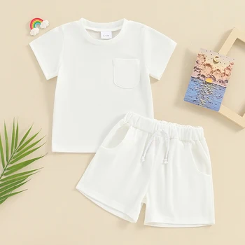 תינוק תינוק ילדה תלבושות קיץ כותנה שרוול קצר מוצק החולצה העליון מזדמנים מכנסיים קצרים נייטרלי באביב בגדים