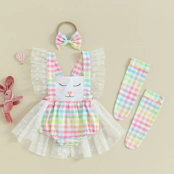 תינוקת הפסחא תלבושות צבעוני הדפסה לפרוע רשת רומפר השמלה בגימור גרביים סט חמוד אופנה בגדי הקיץ